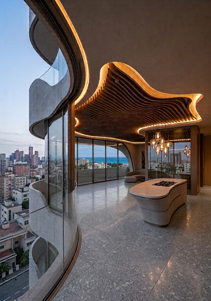 Torre DA 21, interno dell’appartamento con soffitto scultoreo in legno e vista sulla città